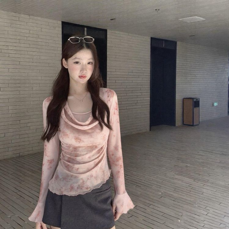 胖妹妹大码法式温柔荡领长袖T恤修身显瘦蕾丝花边气质不规则上衣商品图
