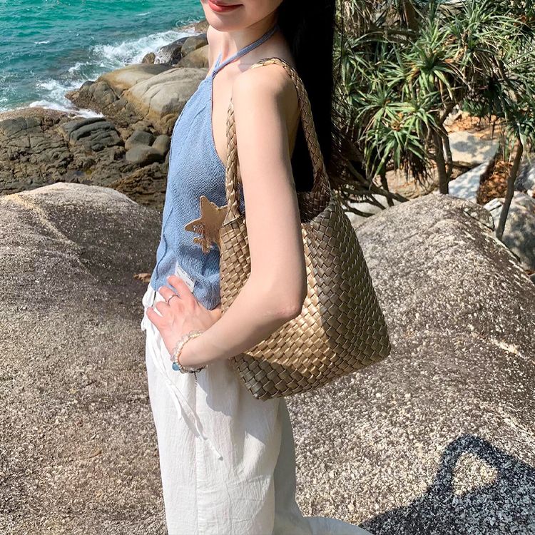 威匠枪枪同款香槟色手工编织托特包大容量海边度假包小众设计包商品图