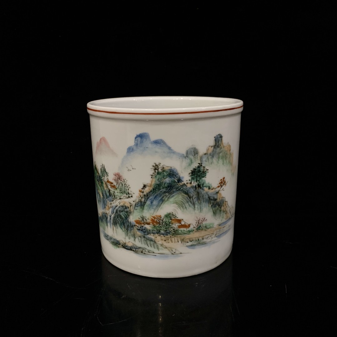 Lot28.粉彩山水诗文笔筒/C1736/拍宝商品图