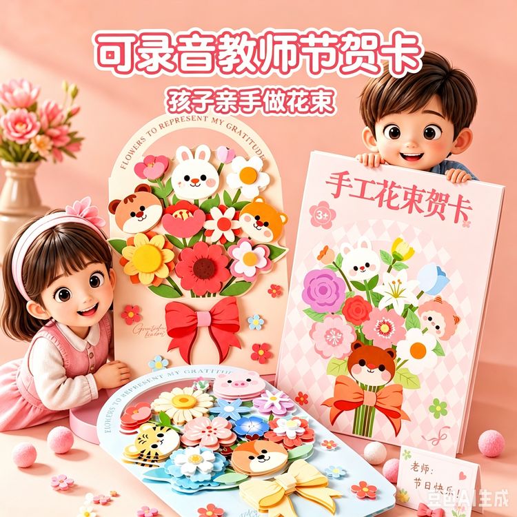 【新款】可录音教师节花束礼物6贺卡创意幼儿园儿童立体创意diy手工商品图