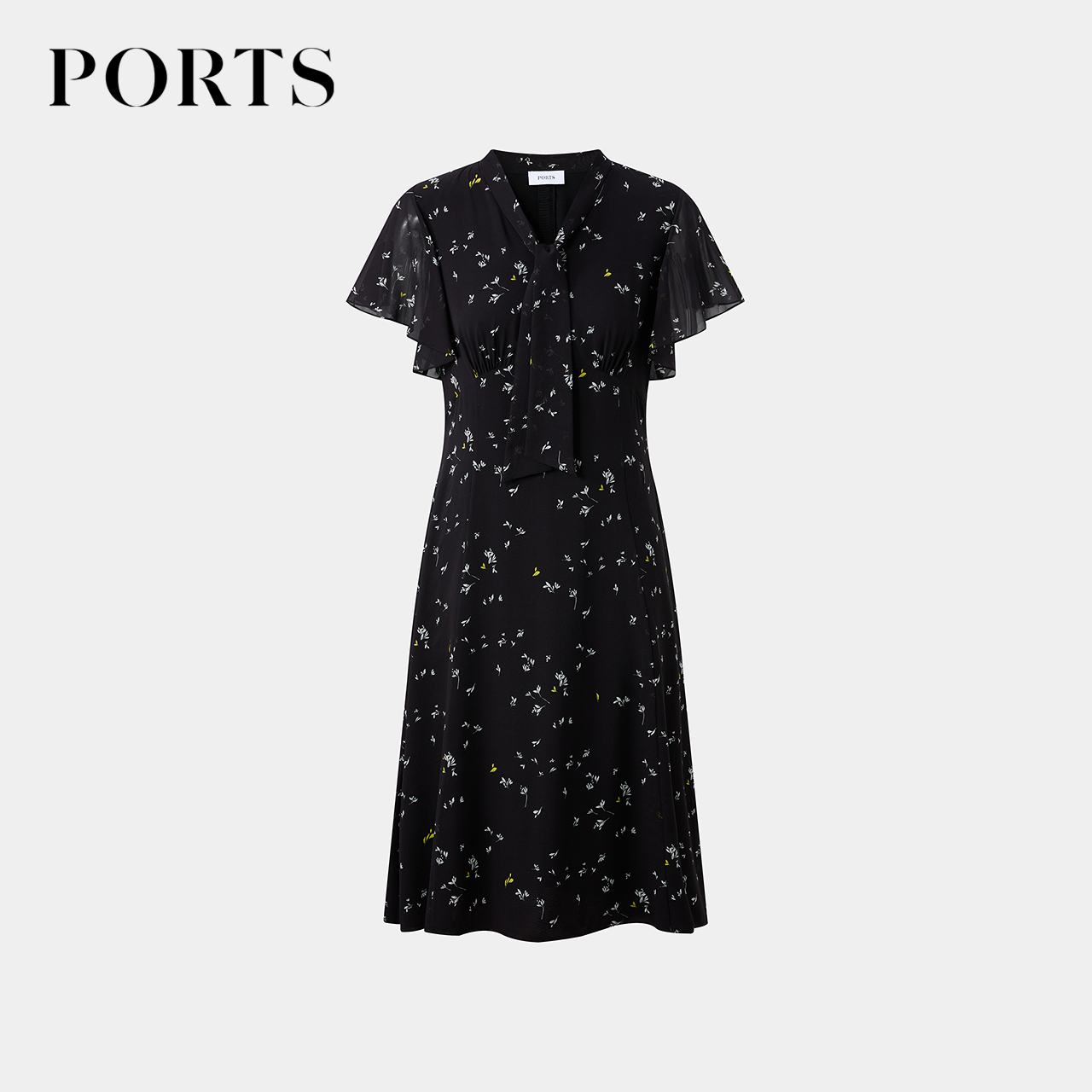 PORTS宝姿女装2025春夏新款“夜阑疏影”印花真 丝系带收腰连衣裙