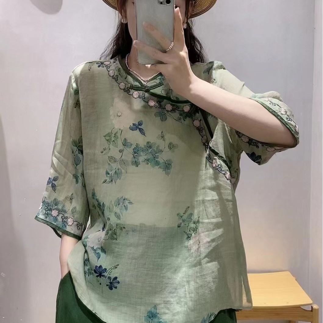 201-280夏季新款2026民族风中式国风刺绣苎麻小衫休闲宽松衬衫女商品图