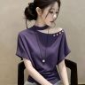 5454款!挂脖短袖T恤上衣女夏季新款纽扣装饰独特减龄宽松显瘦百搭商品图