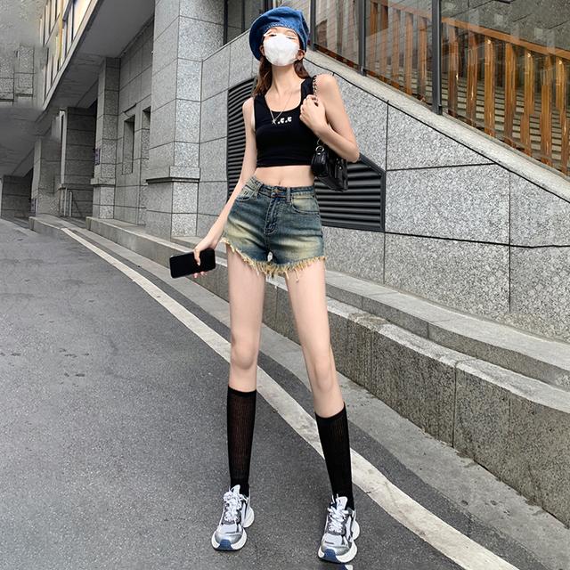 美式复古辣妹毛边热裤百搭a字包臀高腰显瘦做旧牛仔短裤女潮ins商品图