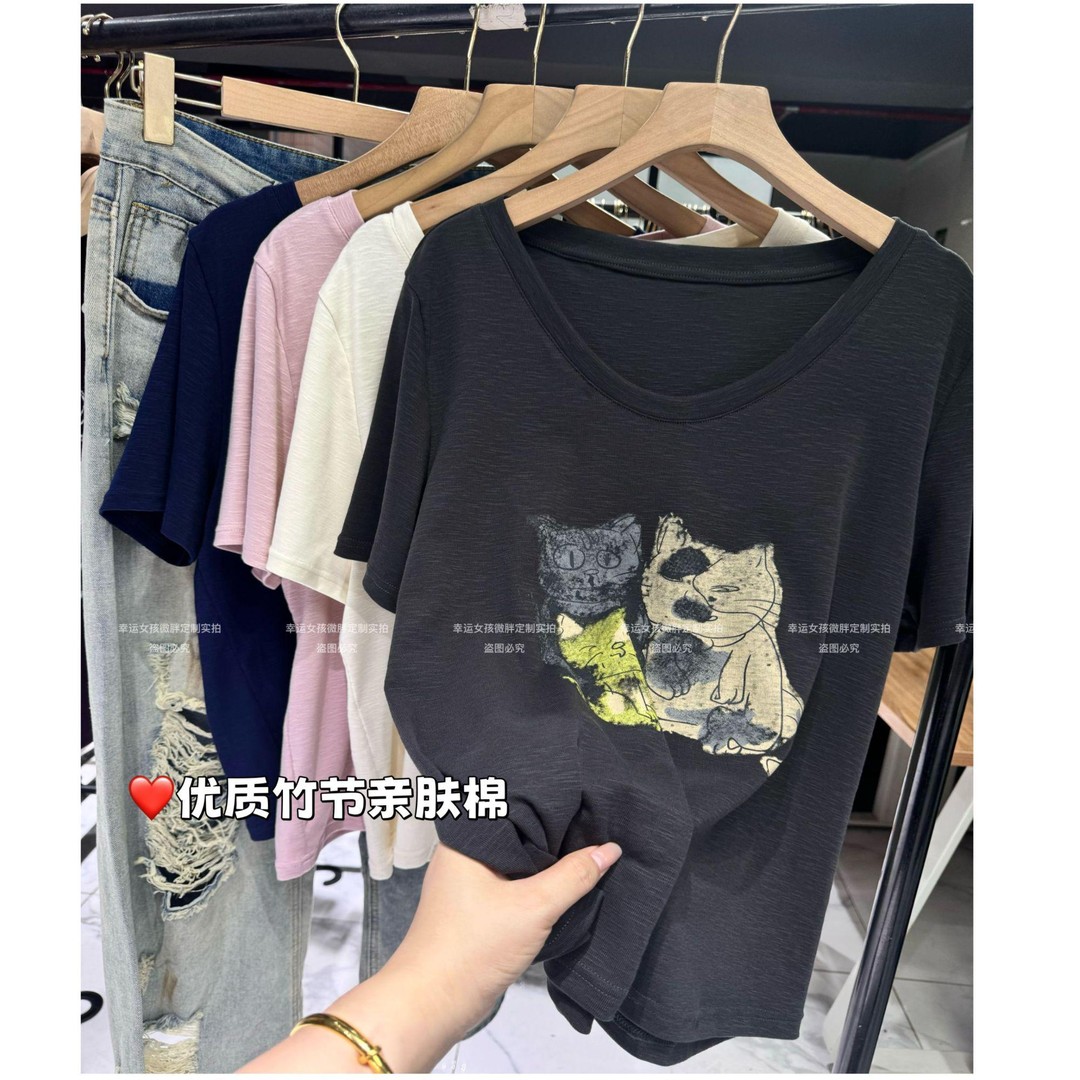 【现货】优质亲肤显瘦正肩圆领V领猫咪T恤短袖商品图