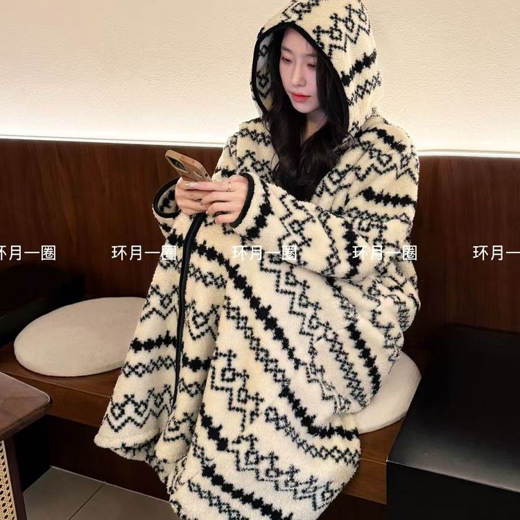 【反季上新-行走被窝】加厚韩系连帽米粒绒大码家居服外出睡袍中长商品图