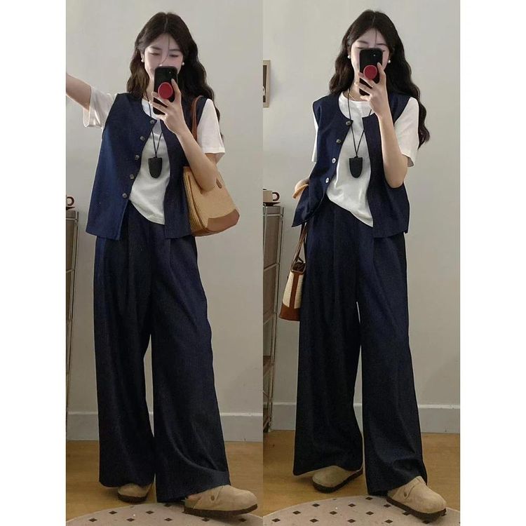 时尚套装大码女装胖mm新款夏季休闲小众简约百搭马甲阔腿裤三件套商品图