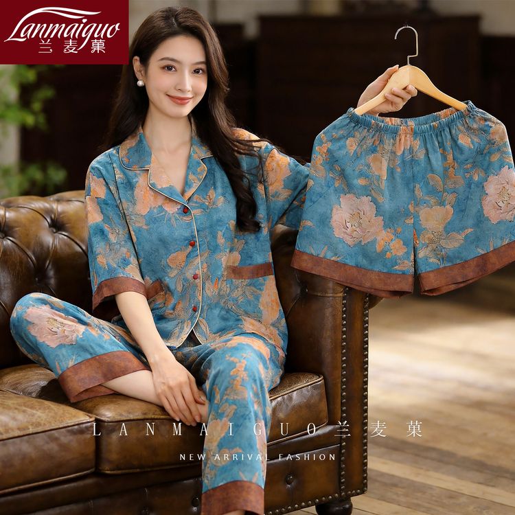 兰麦菓夏季薄款轻奢睡衣新款可外穿三件套短袖蝙蝠衫家居服套装商品图