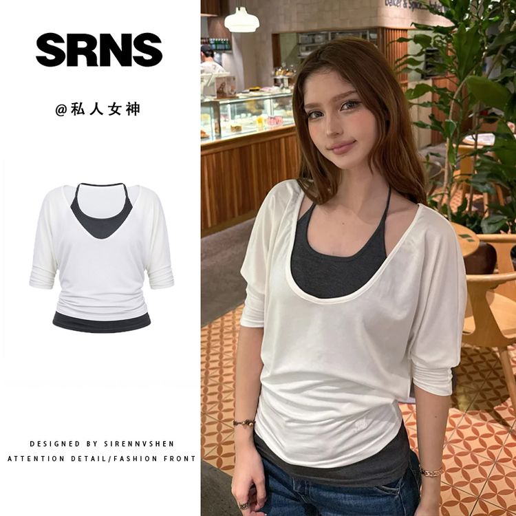 韩系两件套短袖白色深V罩衫上衣女夏季挂脖吊带背心简约时尚套装商品图