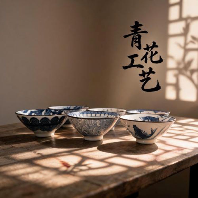 【宠粉装一套6个】青花陶瓷中式斗笠杯釉下彩茶杯主人杯整套品茗杯商品图