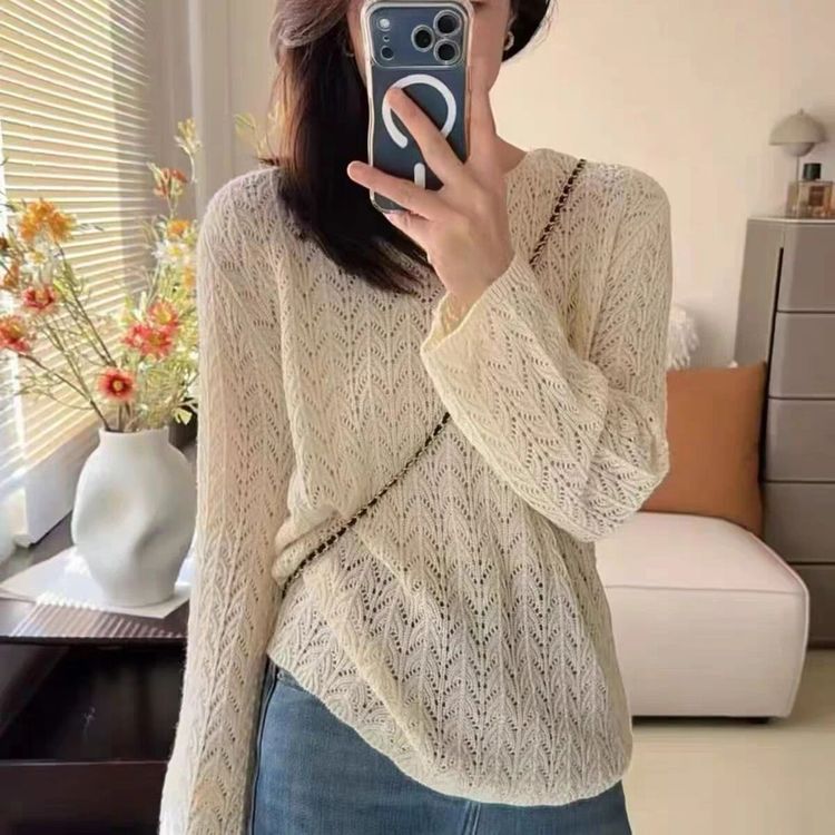咖啡麦穗~秋季新款镂空圆领气质显白宽松针织衫女长袖百搭上衣商品图
