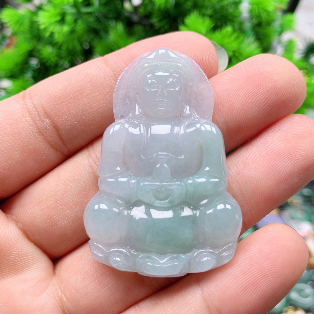 缅甸天然翡翠A货 冰润飘花观音吊坠36尺寸51.7x35.4x6.7商品图