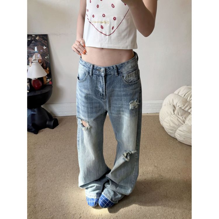 大码美式复古宽松破洞竹节纹弯刀牛仔裤女cleanfit直筒阔腿长裤潮商品图