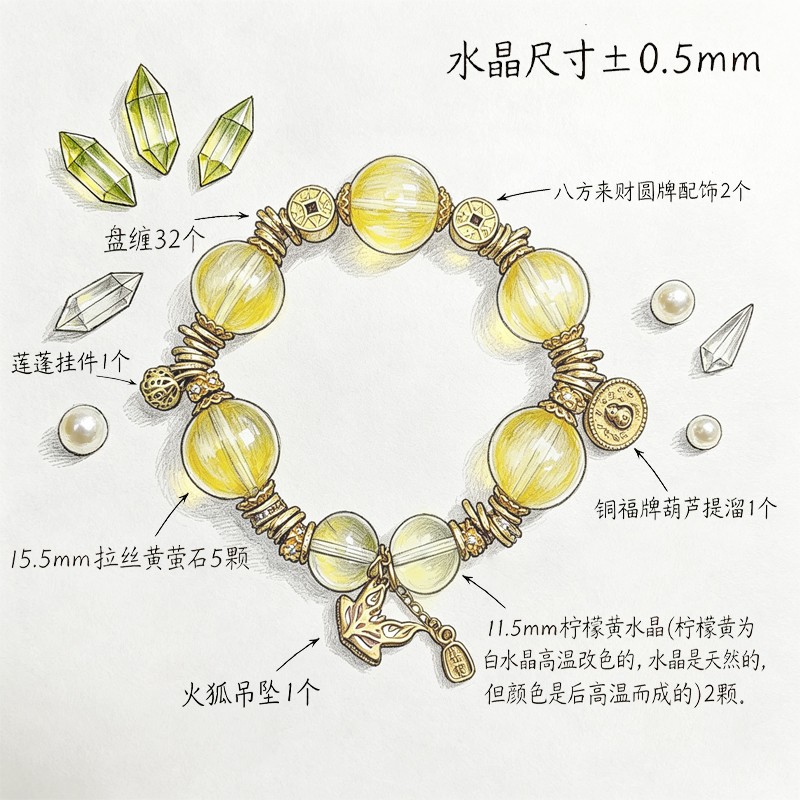 【玉面火狐·跃金】拉丝黄萤石 柠檬黄水晶手串 多样性发一 商品图