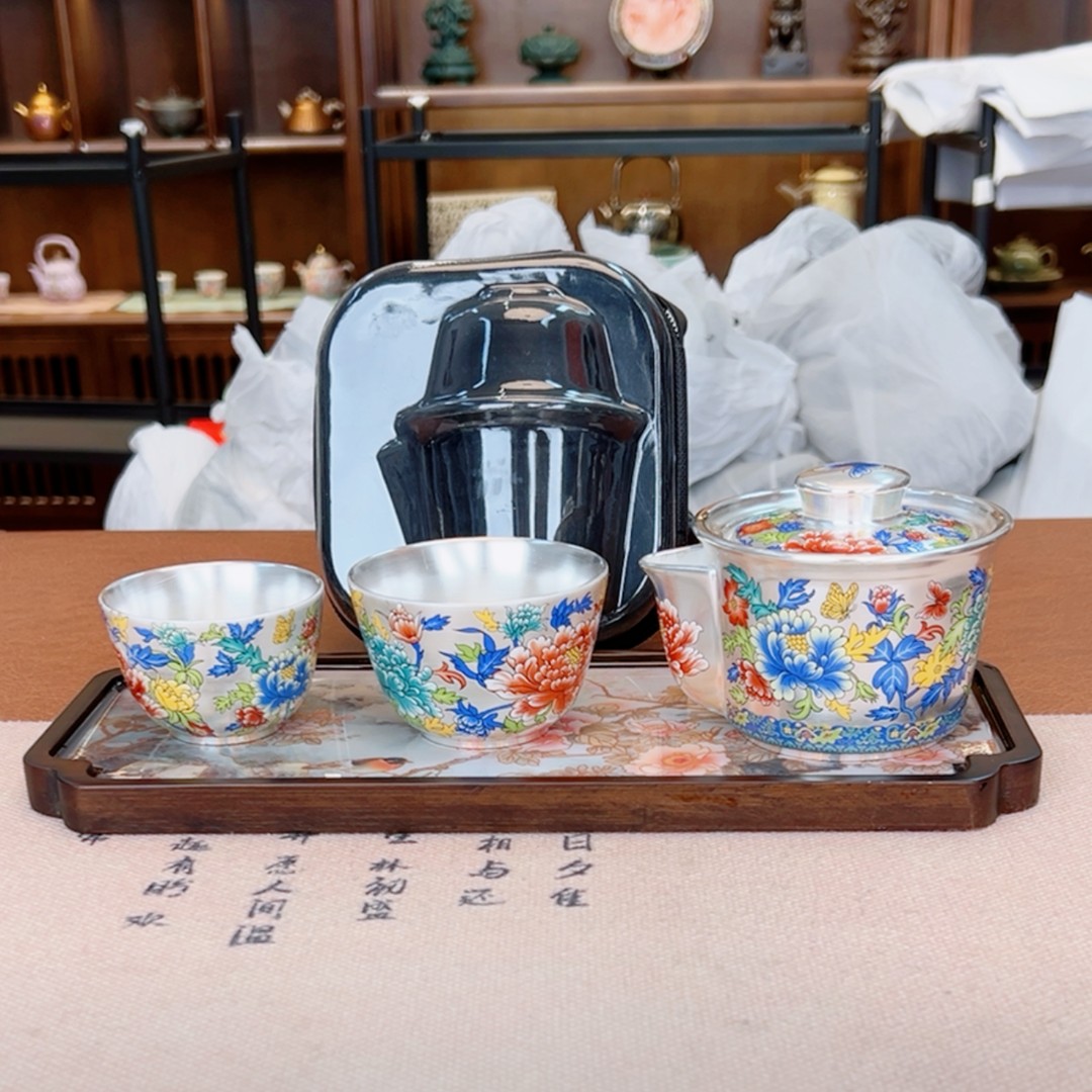 周鸿杰蝶恋花盛世牡丹一壶两杯旅行茶具送变色茶盘 鎏银茶具Z1944商品图