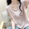 蕾丝边V领竹节棉短袖T恤女夏季薄款宽松百搭显瘦简约独特漂亮上衣商品图