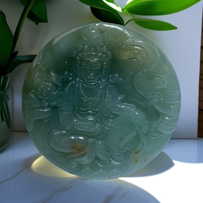 天然翡翠A货冰胶黄加绿大卡厚装普贤菩萨（尺寸49.5*10.3）时尚绿色商品图