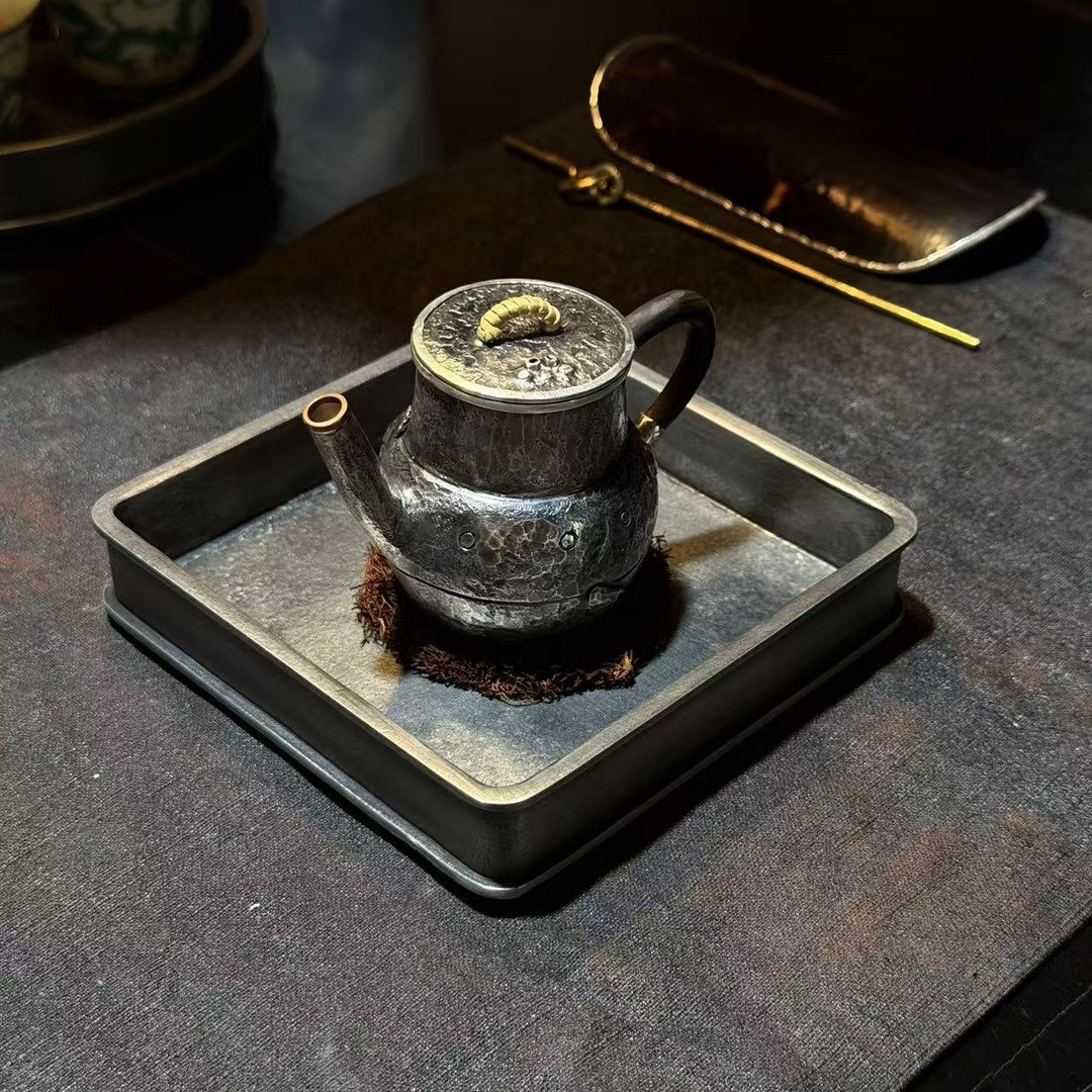 纯锡全手加厚四方四足干泡盘壶承杯承茶配件功夫茶黑色复古商品图