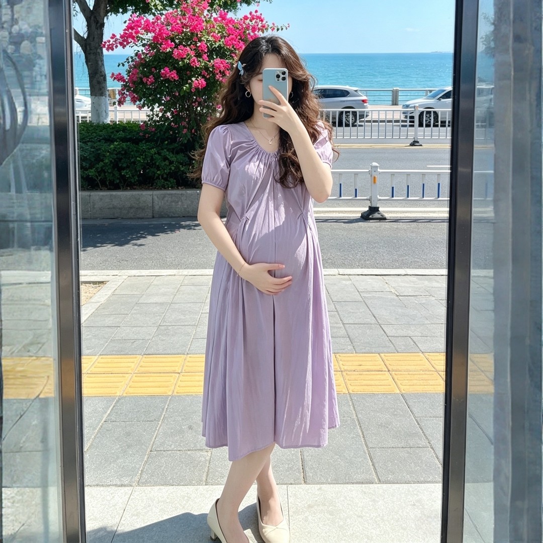孕妇2026夏季新款温柔紫色韩版孕妇连衣裙时尚减龄宽松懒人孕妇裙商品图