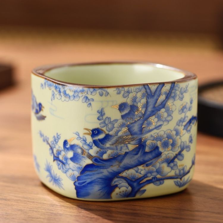 蓝喜鹊四方杯茶具家用喝茶单个泡茶茶杯复古可养主人110毫升手工商品图