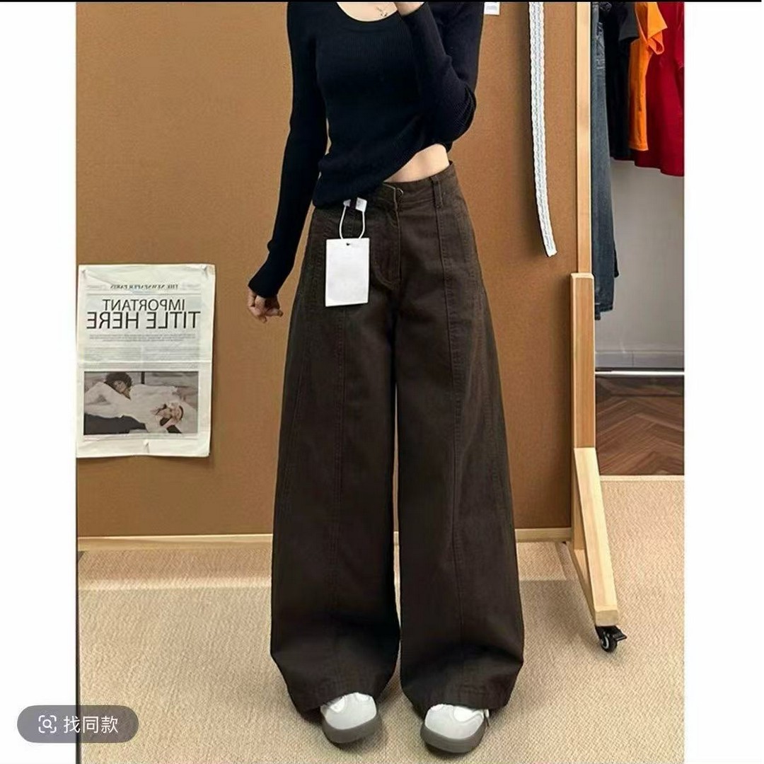 美拉德棕咖色弯刀牛仔裤女2026夏秋新款高腰宽松显瘦休闲阔腿裤子商品图