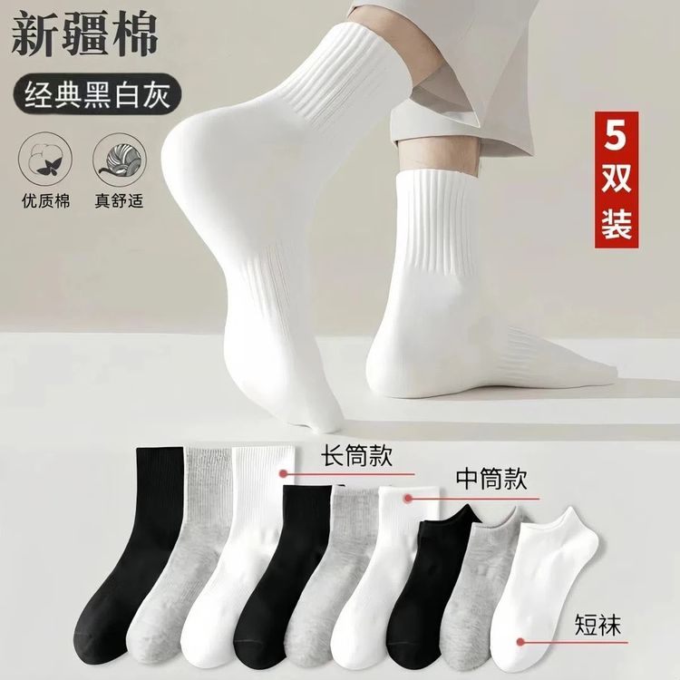 【新疆棉】四季袜男女短中长筒棉袜吸汗透气白色运动袜商品图