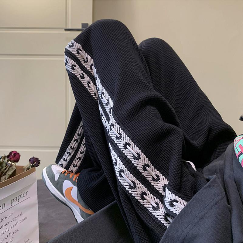 美式高街织带华夫格裤子男士春秋季潮牌卫裤宽松直筒阔腿休闲长裤商品图