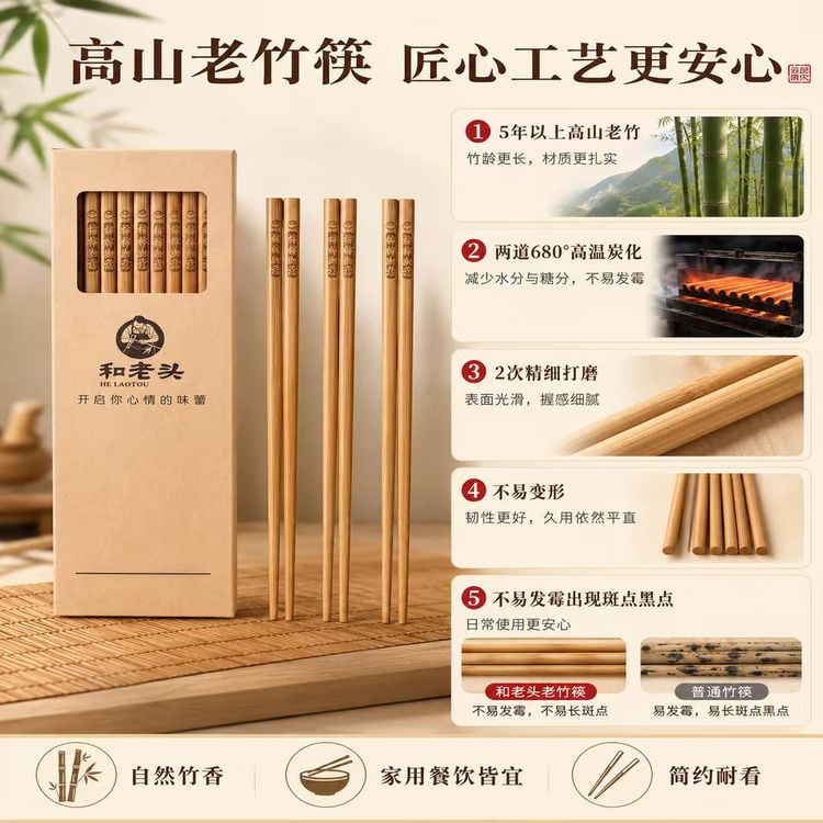 【深度高温碳化】楠竹筷子高档家用天然楠竹筷防霉筷无漆无蜡易清洗商品图