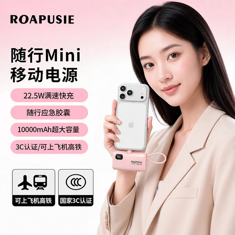 ROAPUSIE/罗普仕3C认证胶囊充电宝1万毫安自带线支架快充小巧便捷商品图