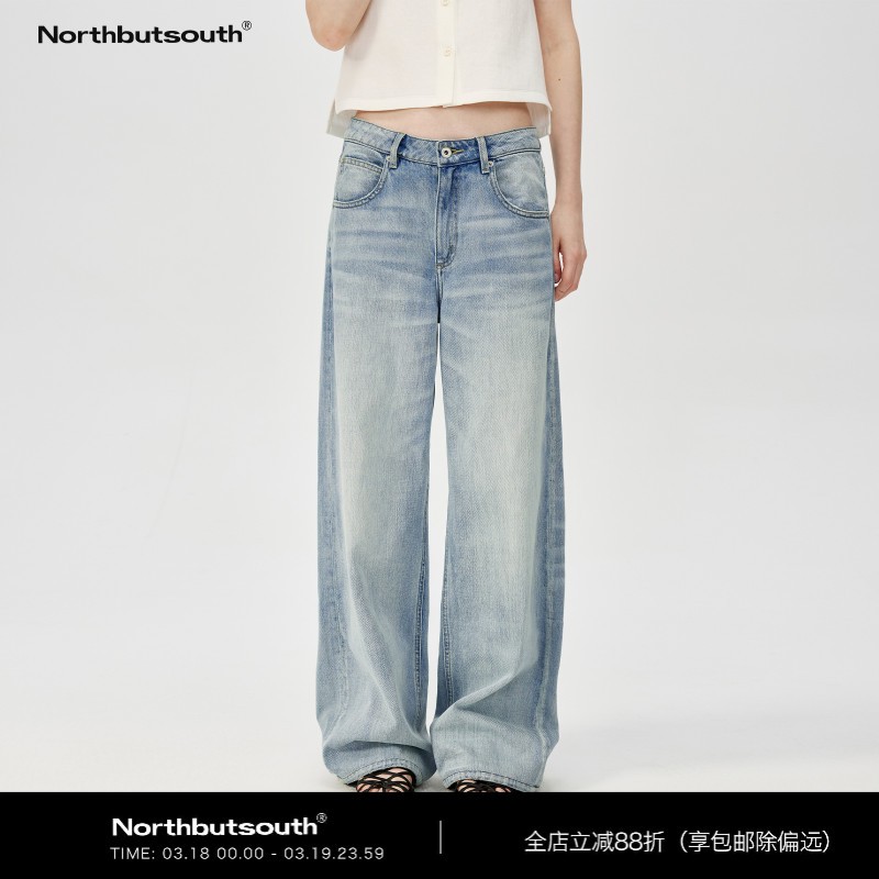 Northbutsouth经典水洗晴空蓝休闲宽松直筒中低腰牛仔休闲裤