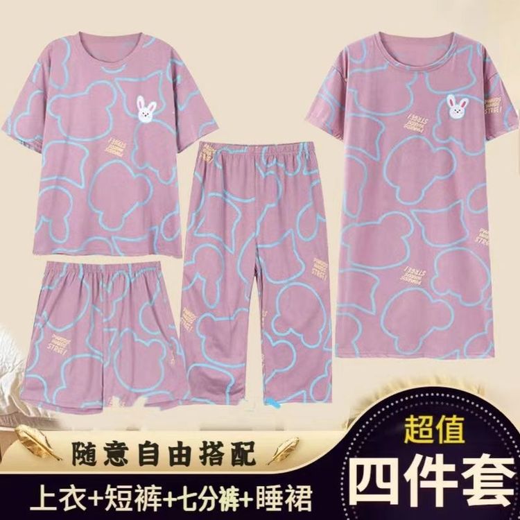 四件套夏季新款睡衣女套头薄款夏天睡裙卡通宽松大码休闲家居服04商品图