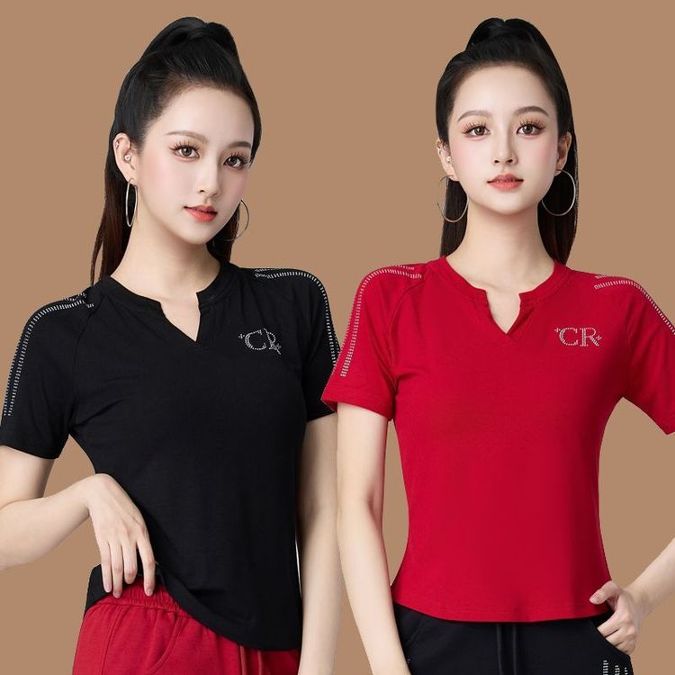 夏季新款广场舞运动服装上衣棉V领短袖条纹烫钻高弹跳团体操衣服商品图