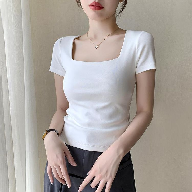 白色方领t恤女短袖2026年春夏新款大领口修身正肩低领打底衫上衣商品图