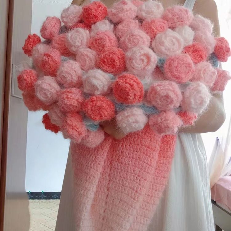 【材料包】渐变绒毛玫瑰花束毯子diy手工编织七星花束毯针织花束毯商品图