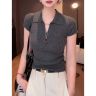 坑条灰色翻领针织短袖t恤女2026春秋新款高级感气质百搭短款上衣商品图