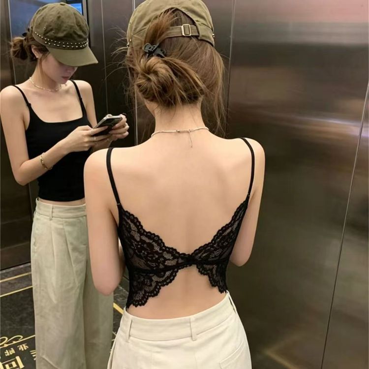 【妍妍专属】蝴蝶蕾丝露背带胸垫吊带背心女夏季新款辣妹修身上衣商品图