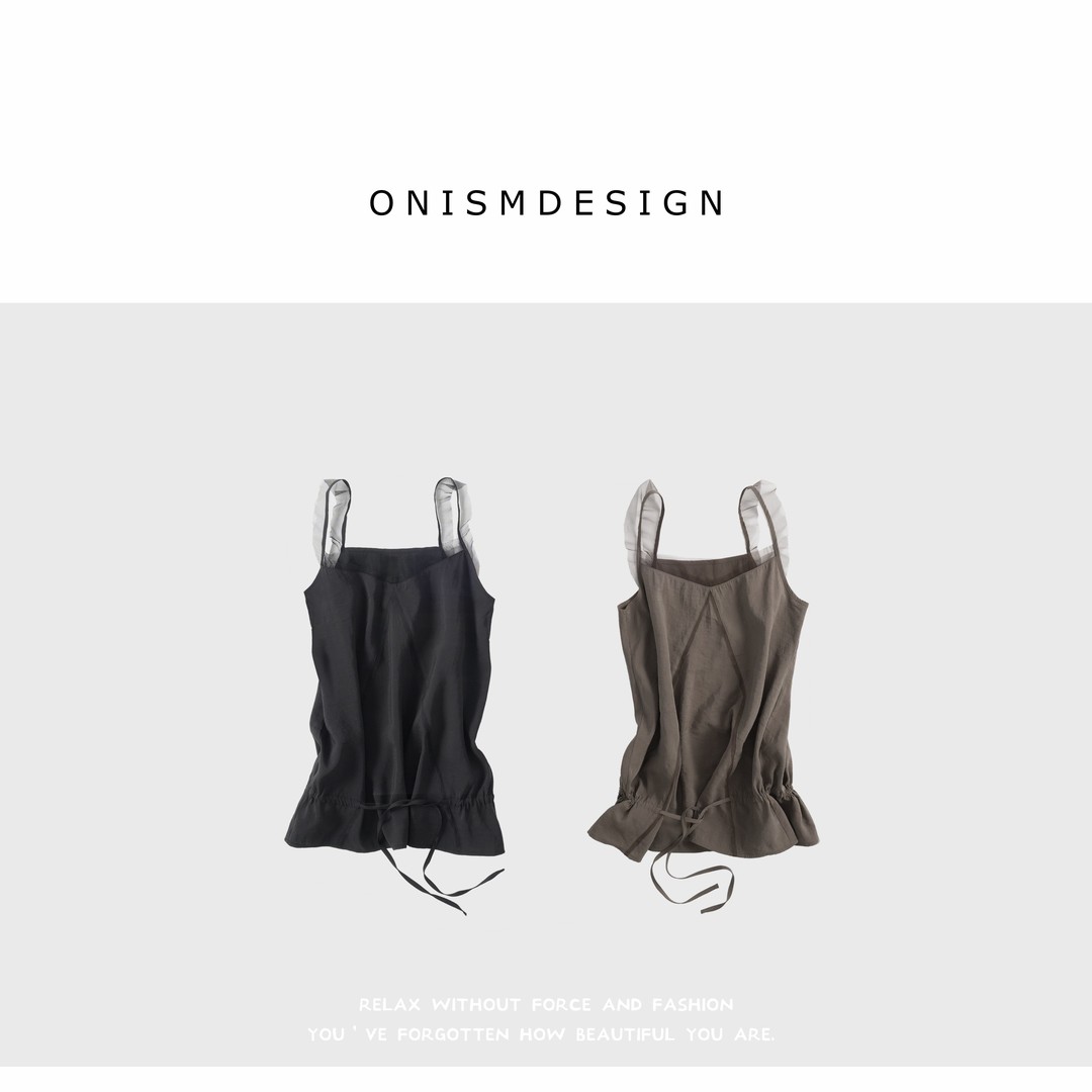 【Onism Design】糖霜芭蕾*设计感拼接网纱木耳边抽绳v领吊带背心商品图