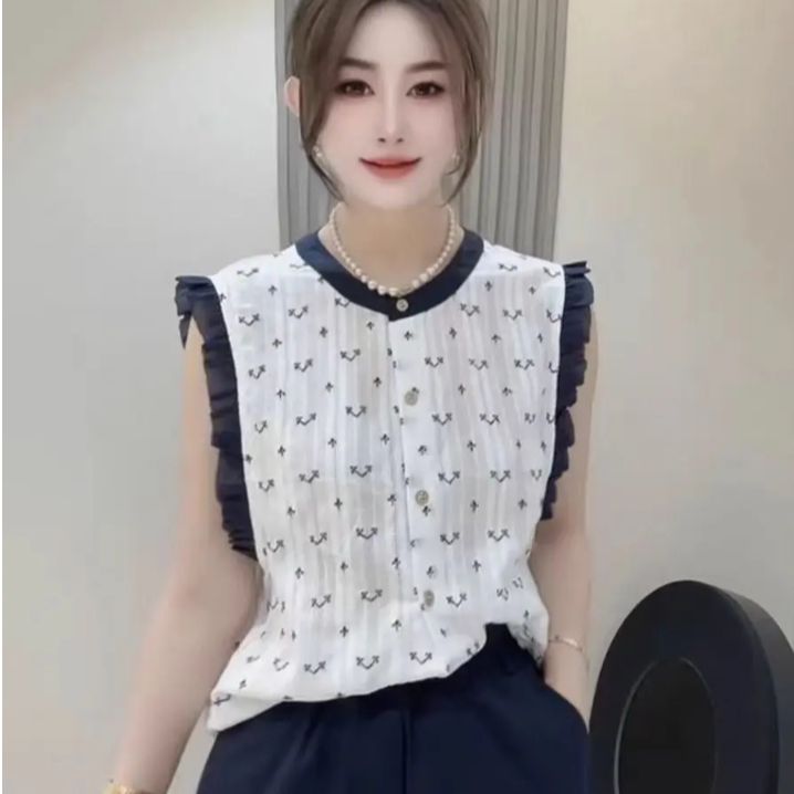 韩系高级感纯棉圆领木耳边无袖衬衫女夏季甜美减龄设计感背心上衣商品图