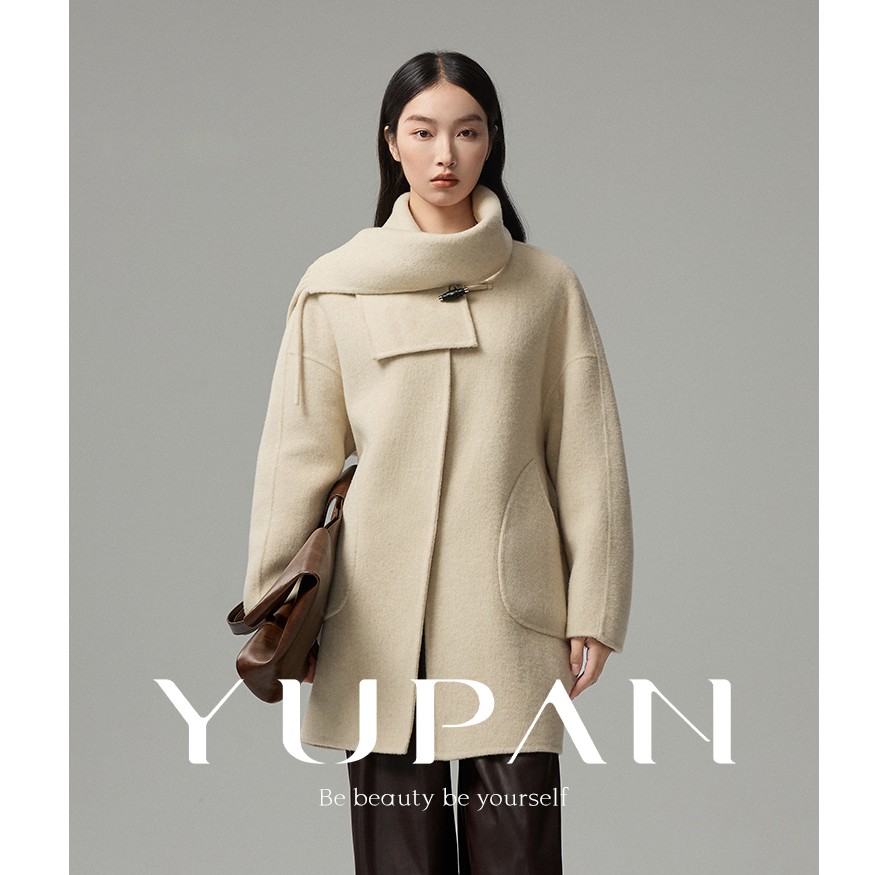 与畔自带围巾一手长中长款羊绒双面呢大衣女 YP-2405商品图