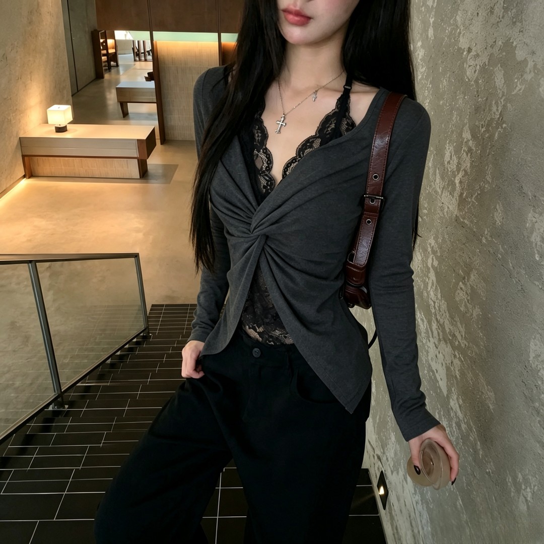 【新品】长袖打底衫女2026新款秋季韩系穿搭蕾丝t恤假两件辣妹上衣商品图