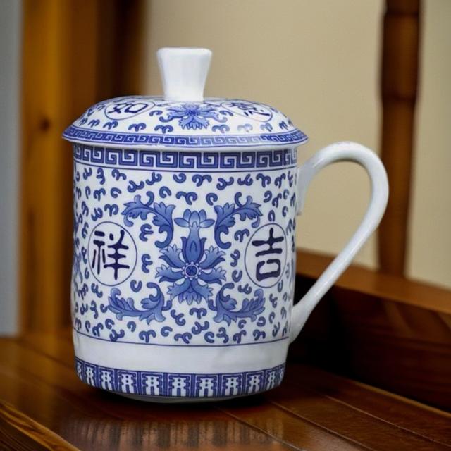 和艺陶瓷【口径约9cm容量500ml】1个青花吉祥如意茶杯水杯陶瓷杯商品图