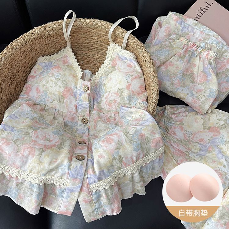 【三件套莫奈花园】自带胸垫云朵绵夏季吊带睡衣甜美少女家居服套装商品图