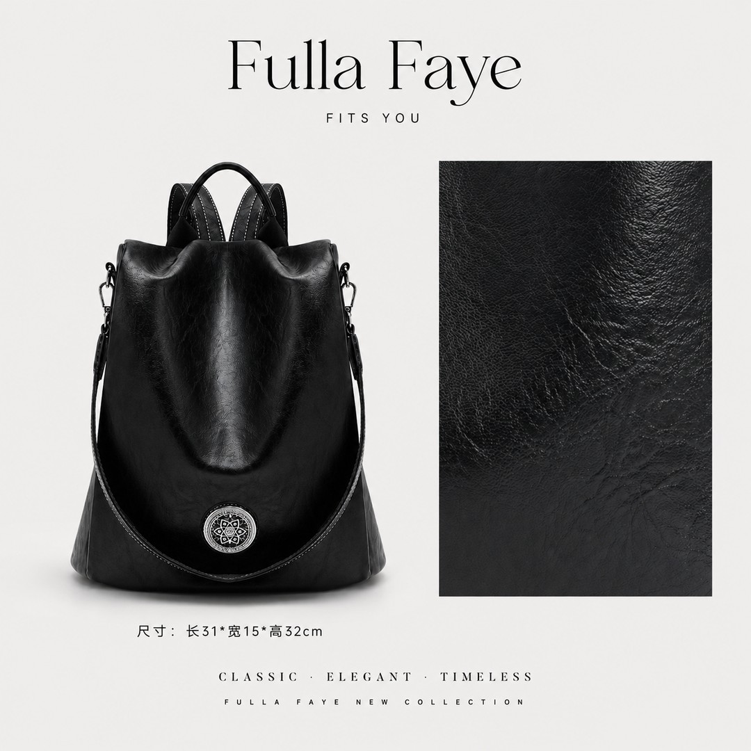 Fulla Faye复古高级感雅典黑徽章单肩多功能手提双肩包-8520-1商品图