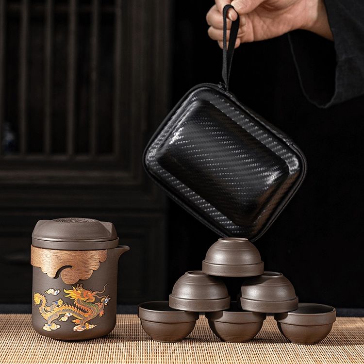 龙凤呈祥变色紫砂壶原矿朱泥带茶滤茶杯大容量泡茶壶便携旅行茶具商品图