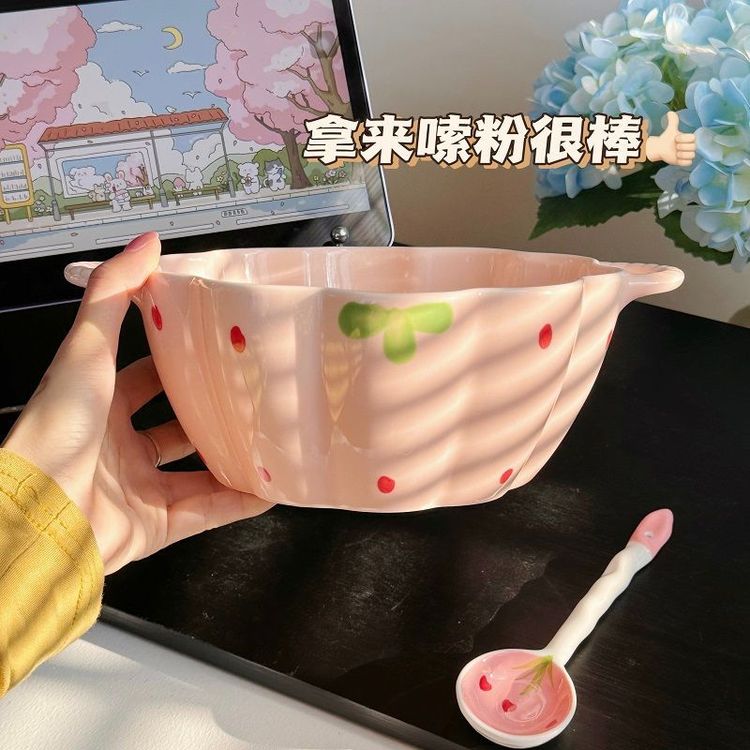双耳南瓜汤碗网红草莓粉色系陶瓷家用螺蛳粉可爱大容量泡面碗勺商品图
