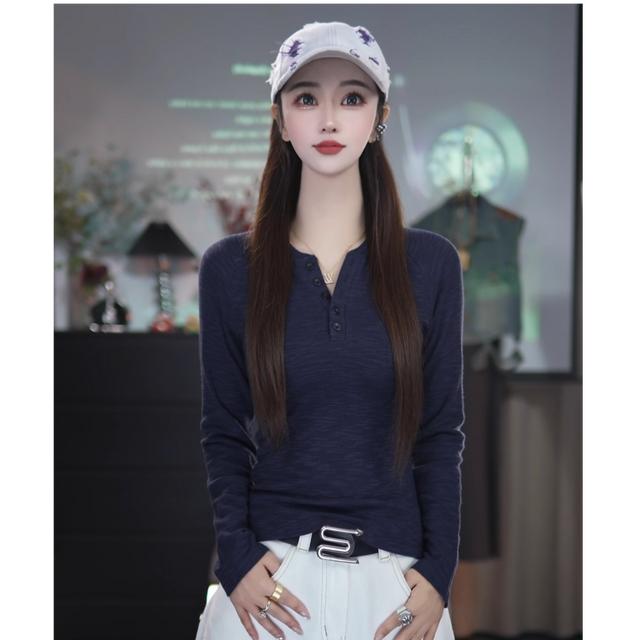 叶子定制2026秋冬新款V领扣子款韩版纯欲风修身显瘦长袖打底女商品图