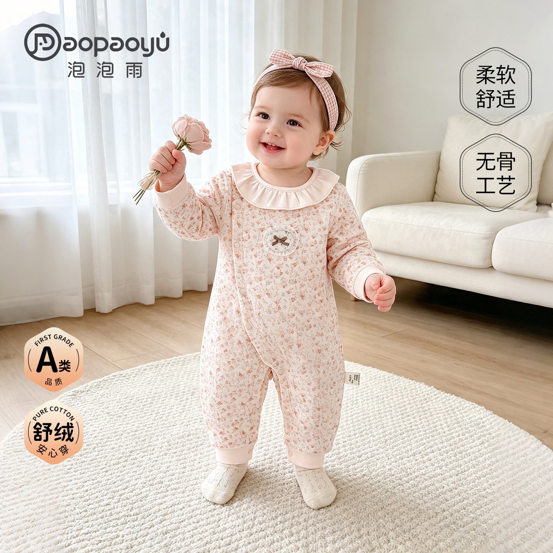 【泡泡雨】2026新秋款0-15个月真舒绒打底新生婴儿芳菲时光连体哈衣商品图