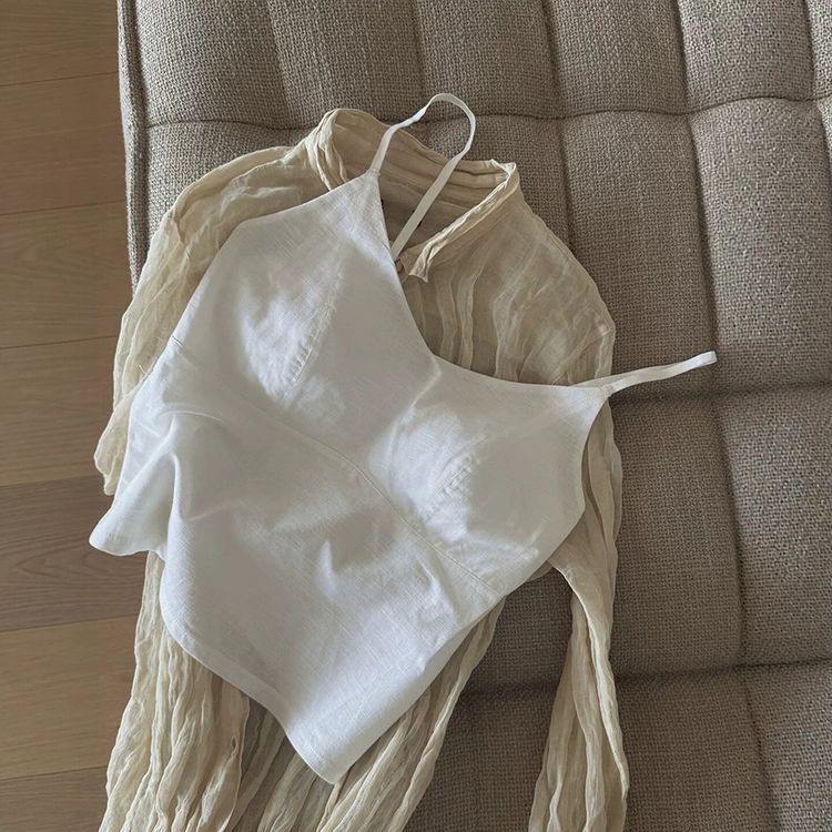 白色亚麻美背吊带文胸一体背心女夏季薄款透气美背内衣衬衫内搭商品图