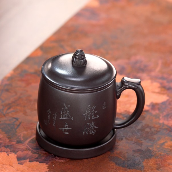 四件套宜兴紫砂石黄刻绘龙腾盛世盖杯茶水分离家用办公茶具商品图