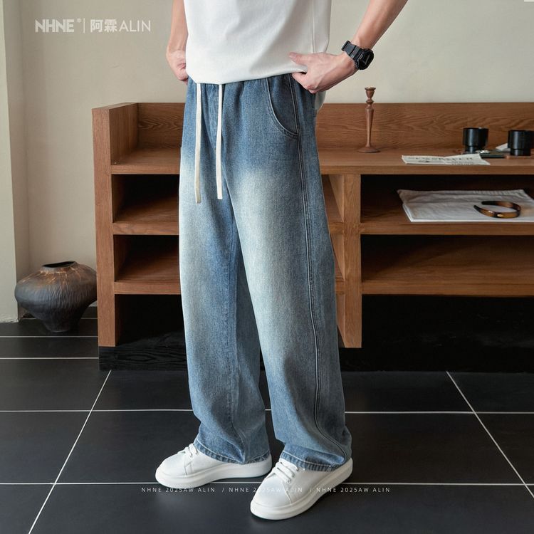 NHNE「立体竹节」秋季复古水洗直筒牛仔裤宽松休闲百搭加长裤商品图